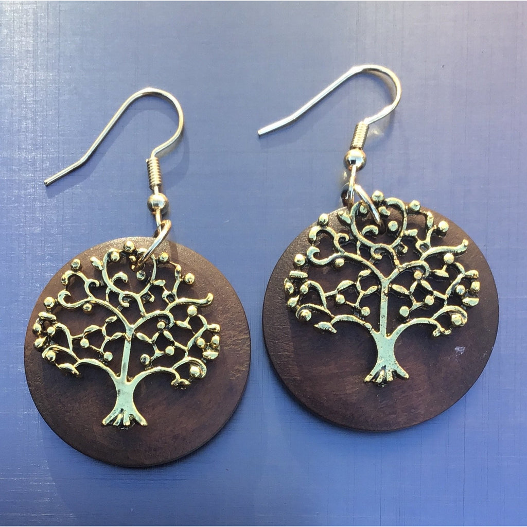 Earrings tree of life wood/metal - OCTOPUS Bohemian Shop 