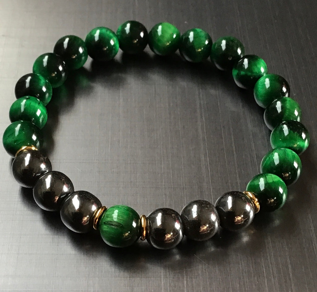 Hematite-tiger eye bracelet 8mm green - OCTOPUS Bohemian Shop 