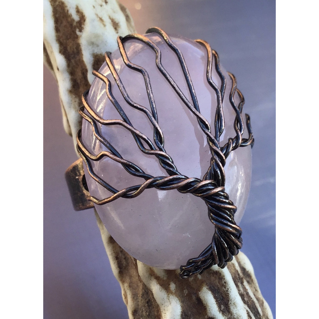 Ring, Rose Quartz, copper tree of life - OCTOPUS Bohemian Shop 