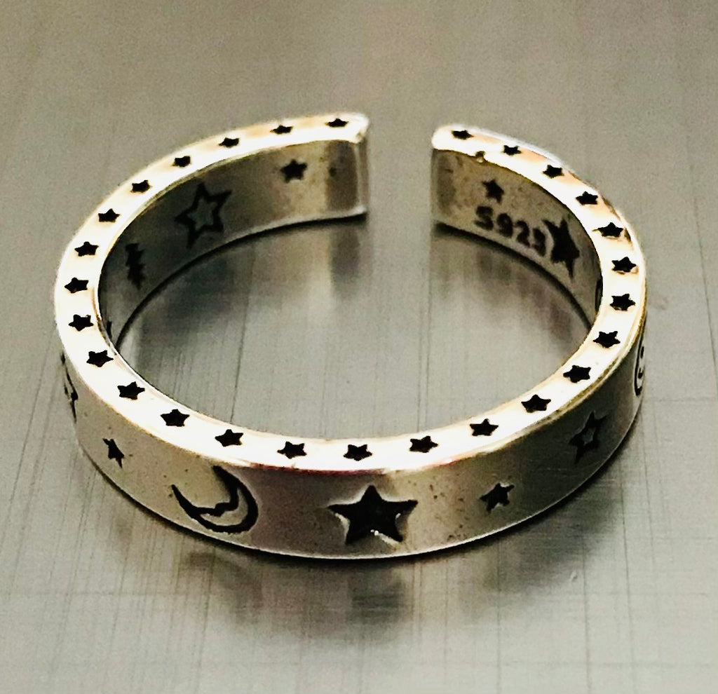 Ring with stars, moon and smile face Stirling silver 925 - OCTOPUS Bohemian Shop 